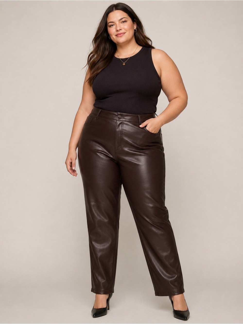 Joe Fresh Chocolate Brown Faux Leather Pants | Size 14